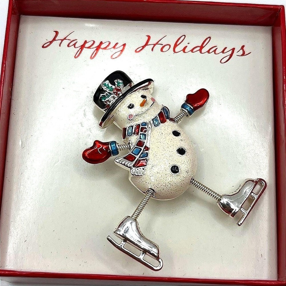 Vintage Sears Christmas Snowman Ice Skater Dangler Pin Brooch Moveable Arms Legs
